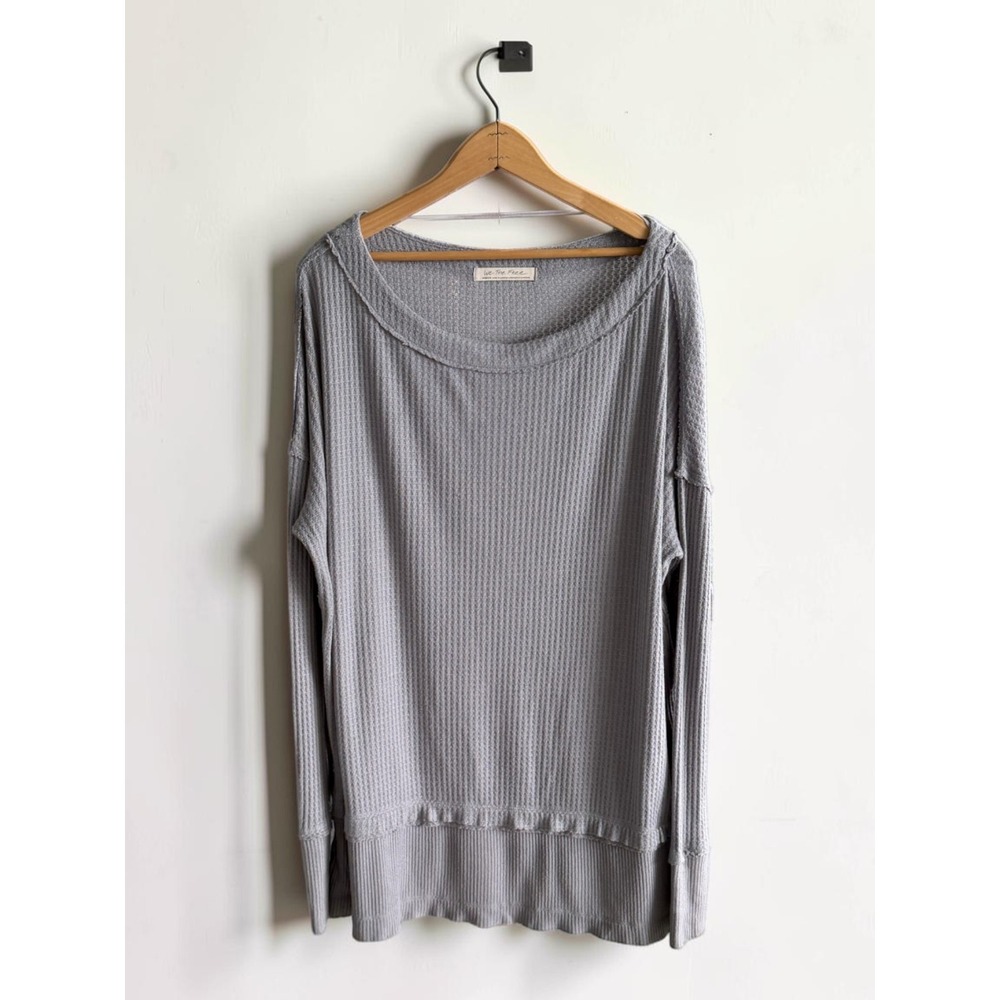 We The‎ Free Free People Grey Waffle Knit Thermal Scoop Neck Ruffle Hem Top M